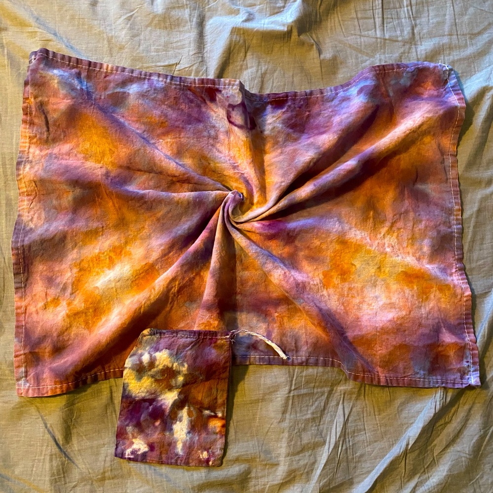 Hand ice dye scarf with hand ice dye drawstring bag
